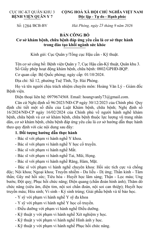 Bệnh viện Quân y 7 thông báo